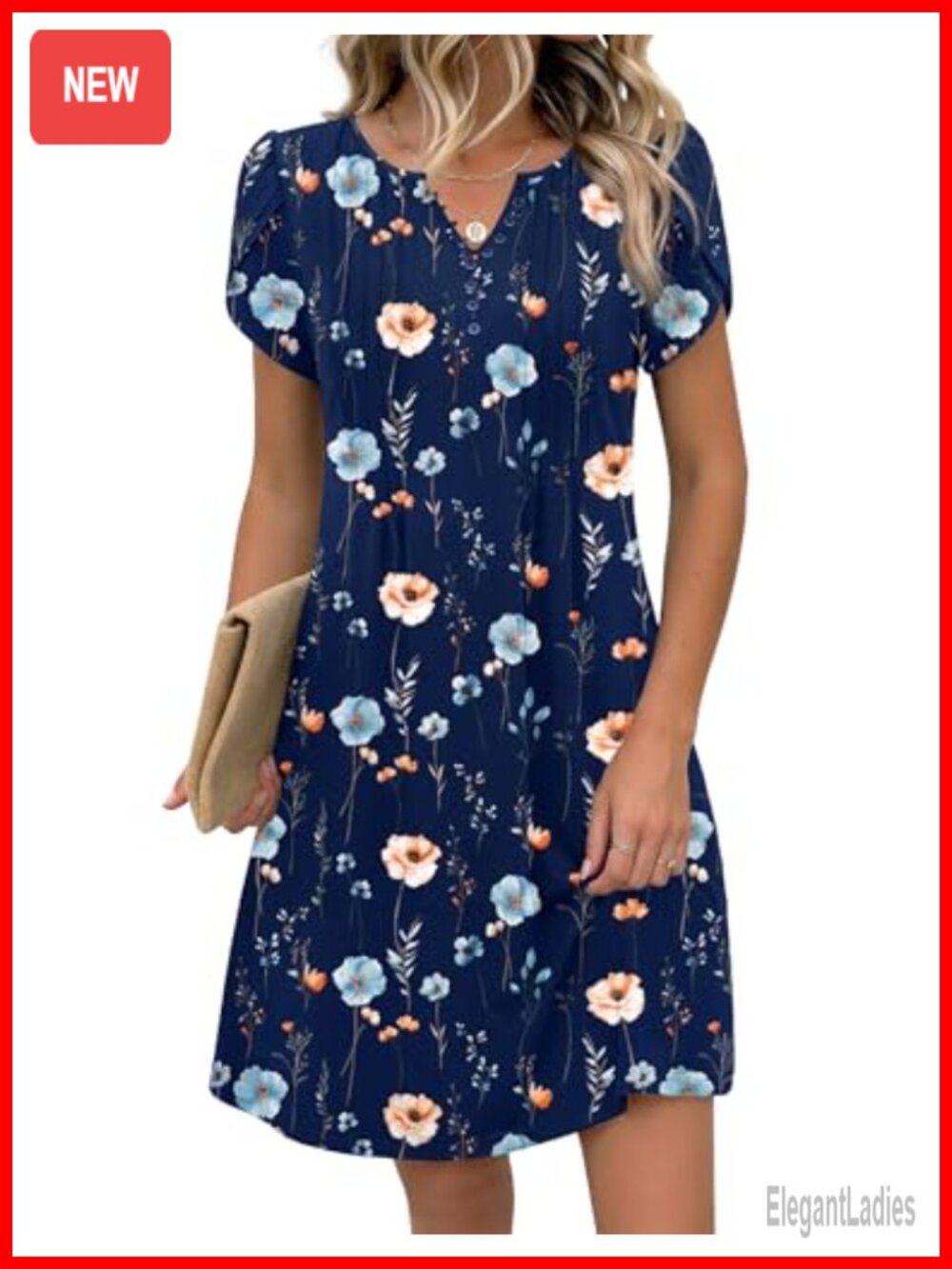 Women's Floral V-Neck A-Line Mini Dress with Pockets Short Sleeve